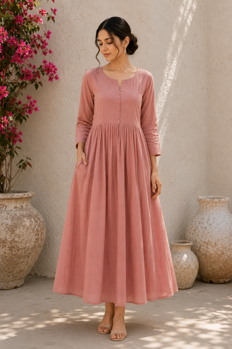 Pink solid cotton fit & flare maxi dress for women