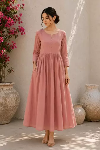 Pink solid cotton fit & flare maxi dress for women