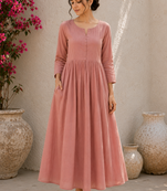 Pink solid cotton fit & flare maxi dress for women