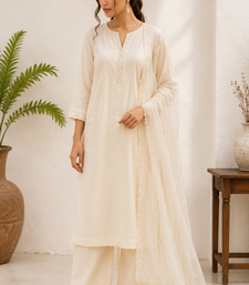 White cotton solid ethnic wear kurta set with dupatta for women