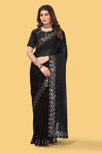 Black silk embroidered sequins work heavy look ethnic saree with blouse