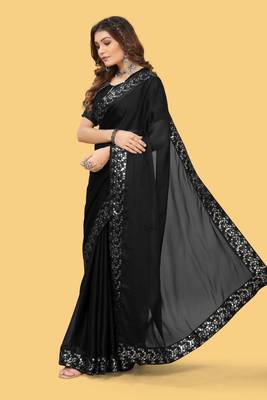 Black silk embroidered sequins work heavy look ethnic saree with blouse 3