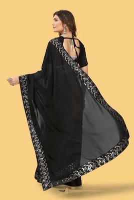 Black silk embroidered sequins work heavy look ethnic saree with blouse 4