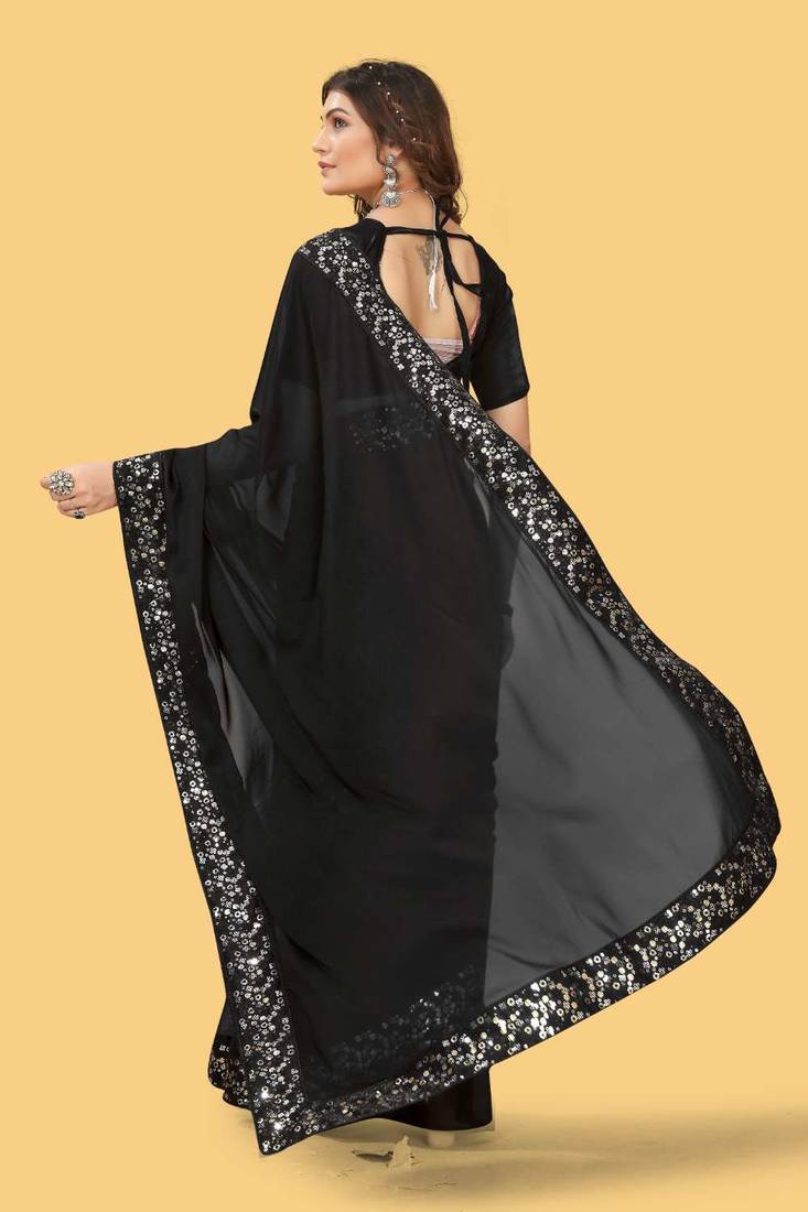Black silk embroidered sequins work heavy look ethnic saree with blouse