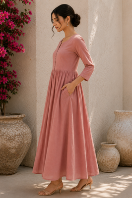 Pink solid cotton fit & flare maxi dress for women 2