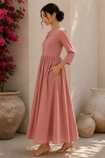 Pink solid cotton fit & flare maxi dress for women