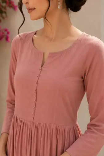 Pink solid cotton fit & flare maxi dress for women