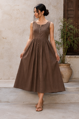 Brown solid cotton fit & flare maxi dress for women 1