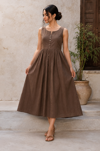 Brown solid cotton fit & flare maxi dress for women