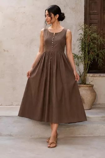 Brown solid cotton fit & flare maxi dress for women