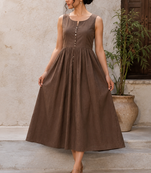 Brown solid cotton fit & flare maxi dress for women