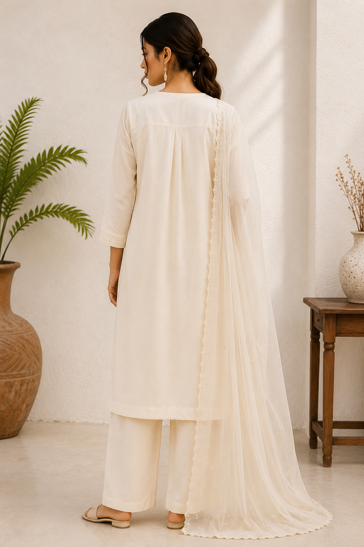 White cotton solid ethnic wear kurta set with dupatta for women