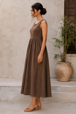 Brown solid cotton fit & flare maxi dress for women 2