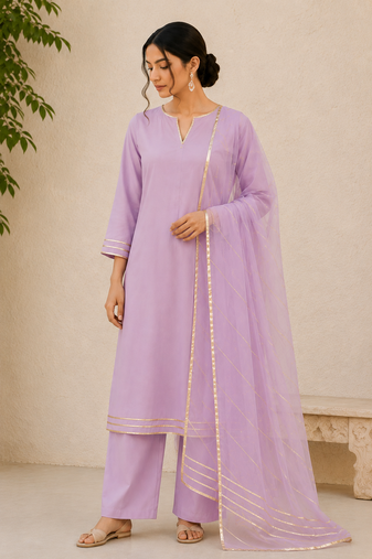 Lavender cotton solid ethnic wear kurta set with dupatta for women