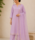 Lavender cotton solid ethnic wear kurta set with dupatta for women
