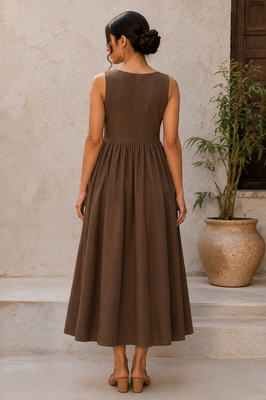 Brown solid cotton fit & flare maxi dress for women 3