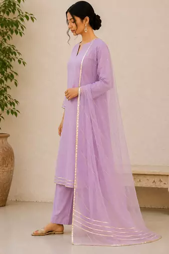 Lavender cotton solid ethnic wear kurta set with dupatta for women