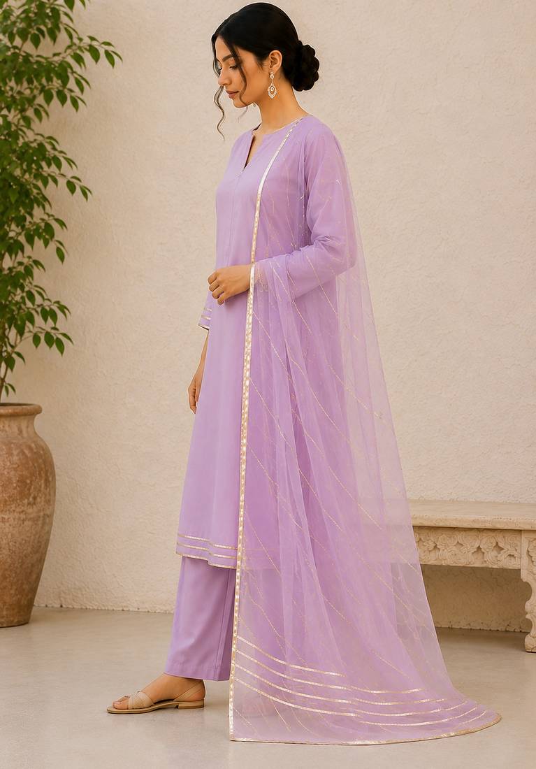 Lavender cotton solid ethnic wear kurta set with dupatta for women