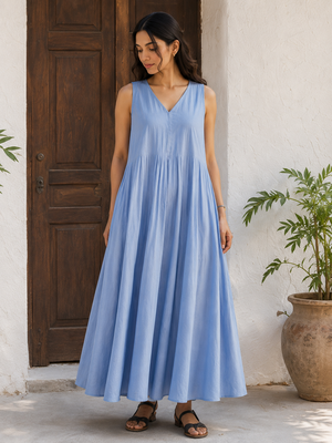 Blue solid cotton fit & flare maxi dress for women 1