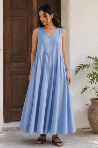 Blue solid cotton fit & flare maxi dress for women