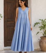 Blue solid cotton fit & flare maxi dress for women