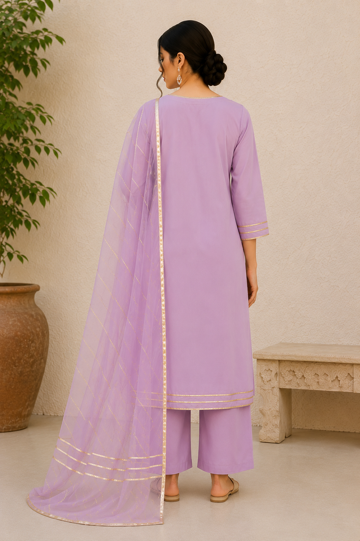 Lavender cotton solid ethnic wear kurta set with dupatta for women