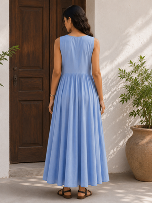 Blue solid cotton fit & flare maxi dress for women 3