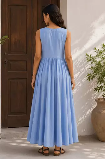 Blue solid cotton fit & flare maxi dress for women