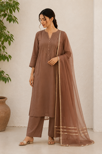 Brown cotton solid ethnic wear kurta set with dupatta for women