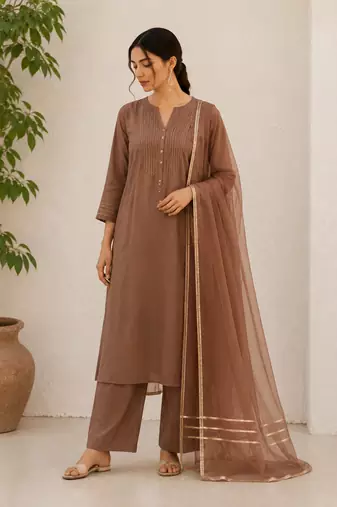 Brown cotton solid ethnic wear kurta set with dupatta for women