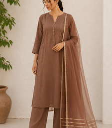 Brown cotton solid ethnic wear kurta set with dupatta for women