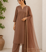 Brown cotton solid ethnic wear kurta set with dupatta for women
