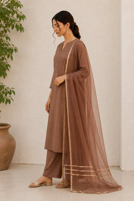 Brown cotton solid ethnic wear kurta set with dupatta for women 2