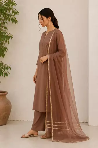 Brown cotton solid ethnic wear kurta set with dupatta for women