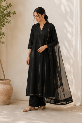 Black cotton solid ethnic wear kurta set with dupatta for women 1