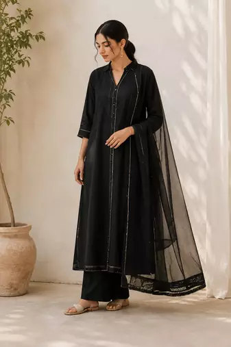 Black cotton solid ethnic wear kurta set with dupatta for women