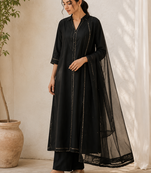 Black cotton solid ethnic wear kurta set with dupatta for women