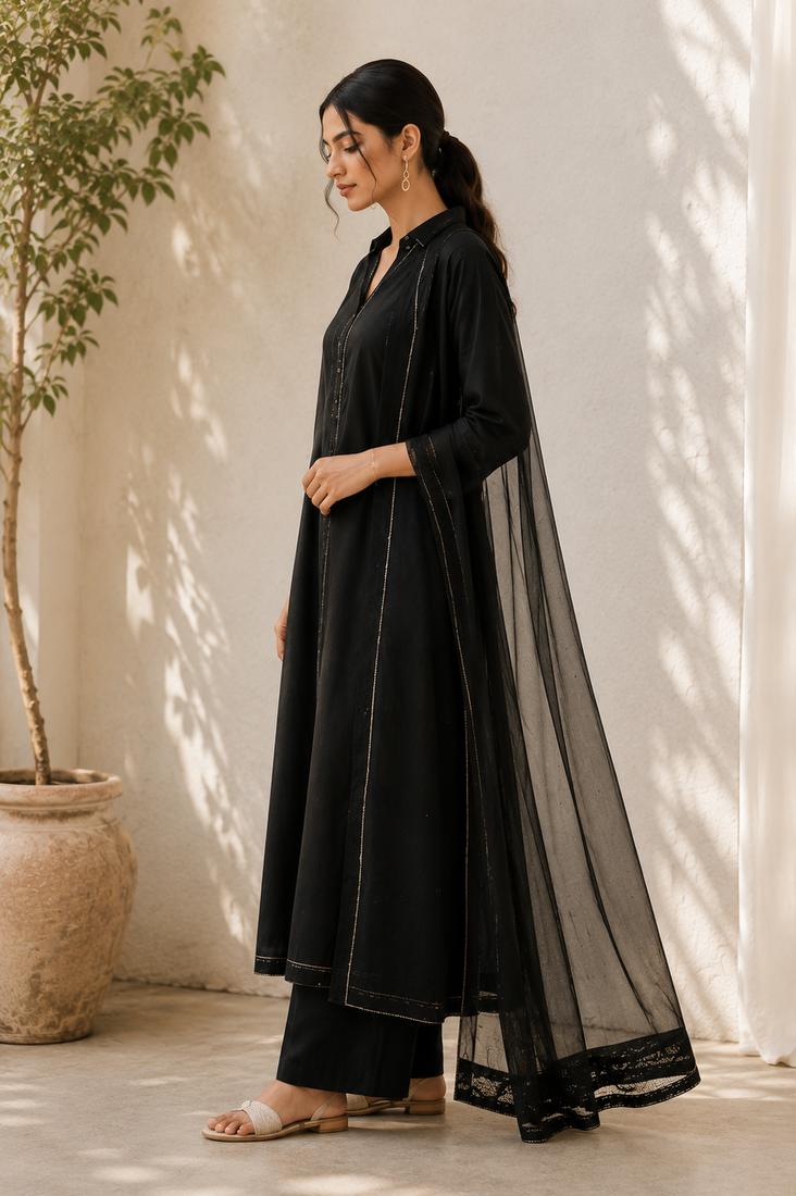 Black cotton solid ethnic wear kurta set with dupatta for women