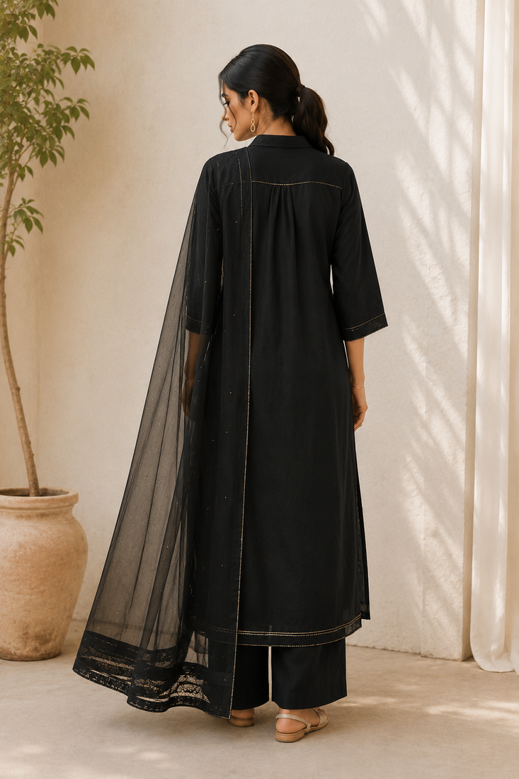 Black cotton solid ethnic wear kurta set with dupatta for women