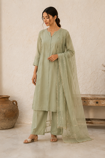 Olive cotton solid ethnic wear kurta set with dupatta for women