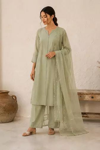 Olive cotton solid ethnic wear kurta set with dupatta for women