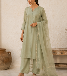 Olive cotton solid ethnic wear kurta set with dupatta for women