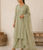 Olive cotton solid ethnic wear kurta set with dupatta for women