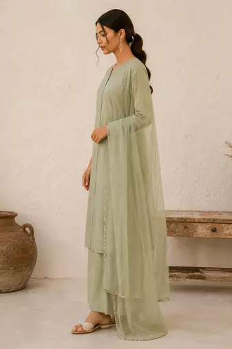 Olive cotton solid ethnic wear kurta set with dupatta for women