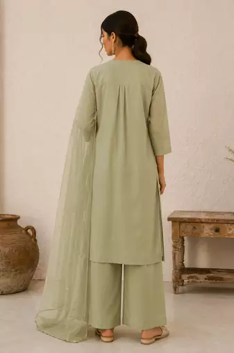 Olive cotton solid ethnic wear kurta set with dupatta for women