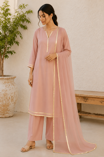 Pink cotton solid ethnic wear kurta set with dupatta for women