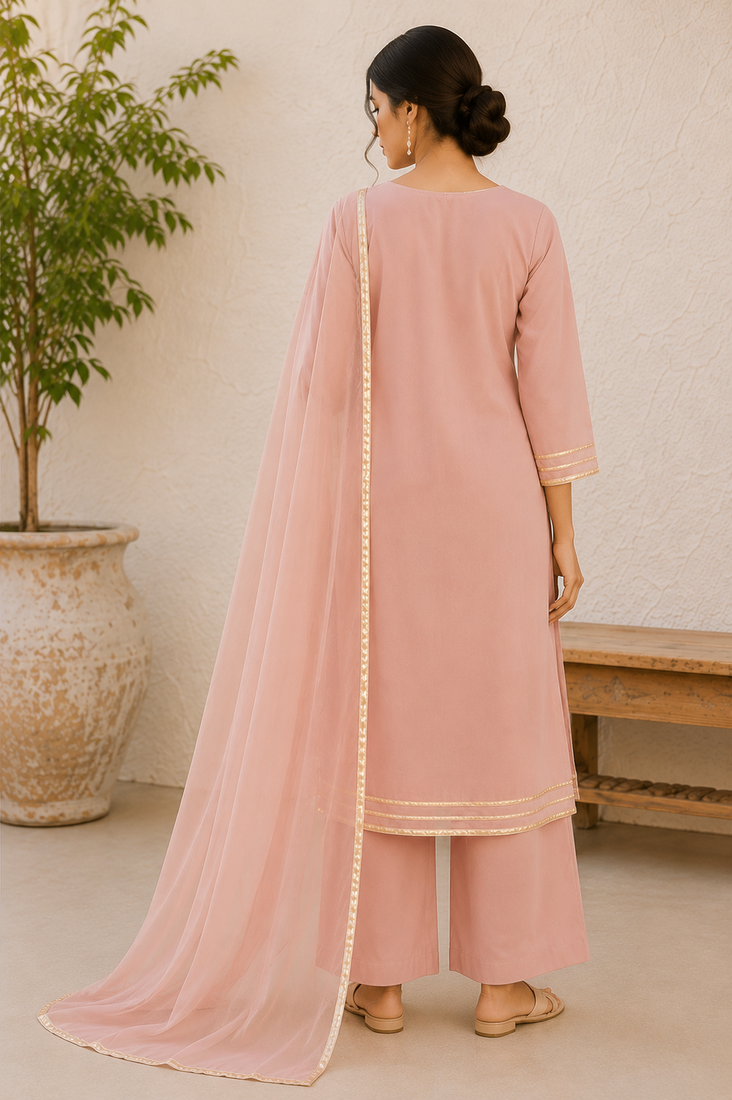 Pink cotton solid ethnic wear kurta set with dupatta for women