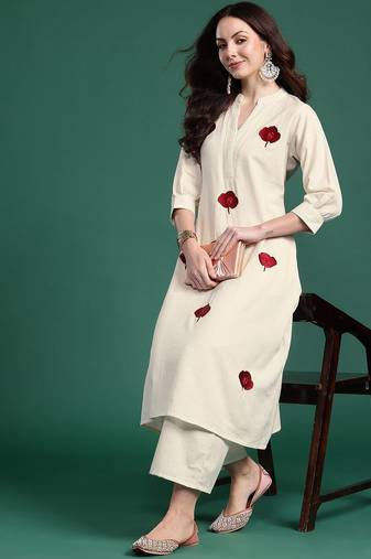Women Floral Embroidered Thread Work  Cotton Republic Day Kurta with Palazzos