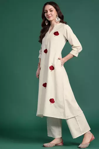 Women Floral Embroidered Thread Work Pure Cotton Republic Day Kurta with Palazzos