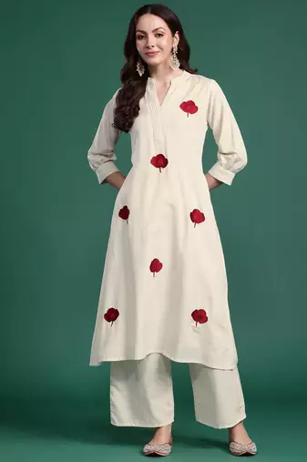 Women Floral Embroidered Thread Work Pure Cotton Republic Day Kurta with Palazzos